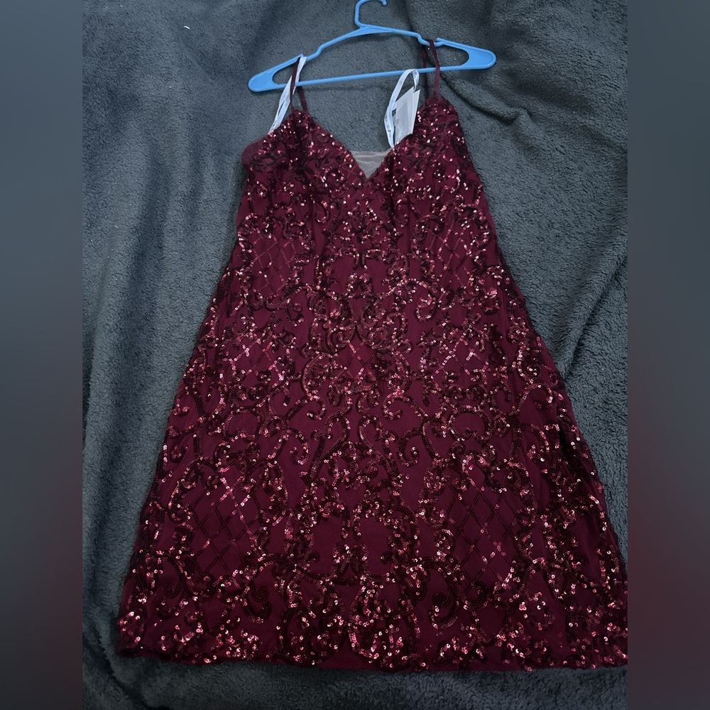 Davids Bridal burgundy sequin dress